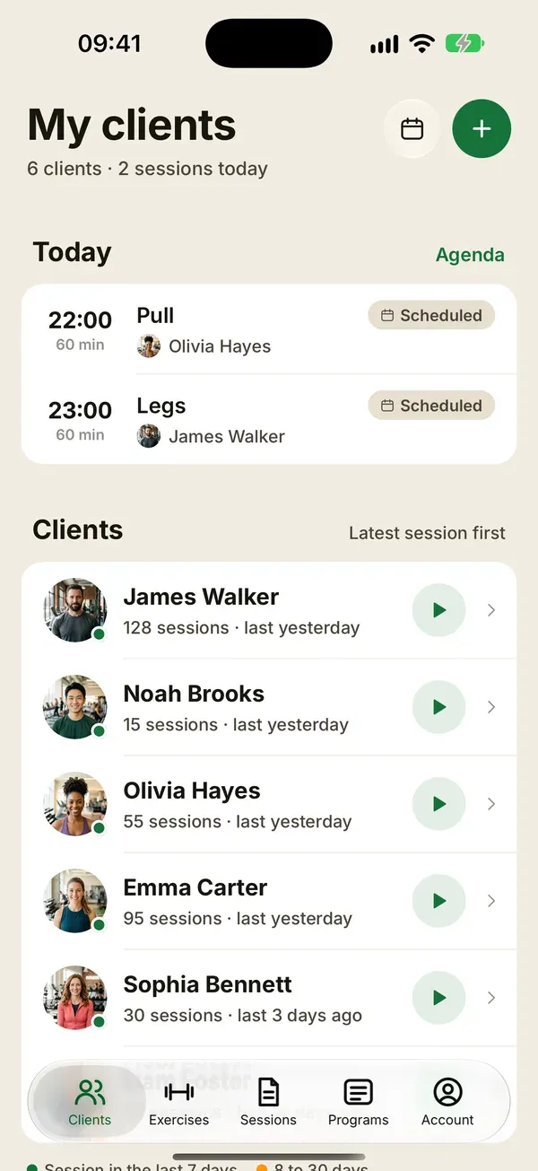 Coachigo My clients screen with today's schedule and the client list