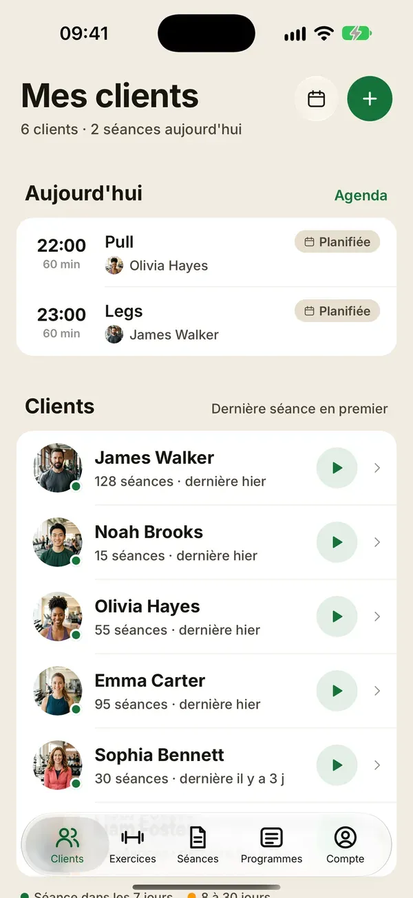 Écran Mes clients de Coachigo avec l'agenda du jour et la liste des clients