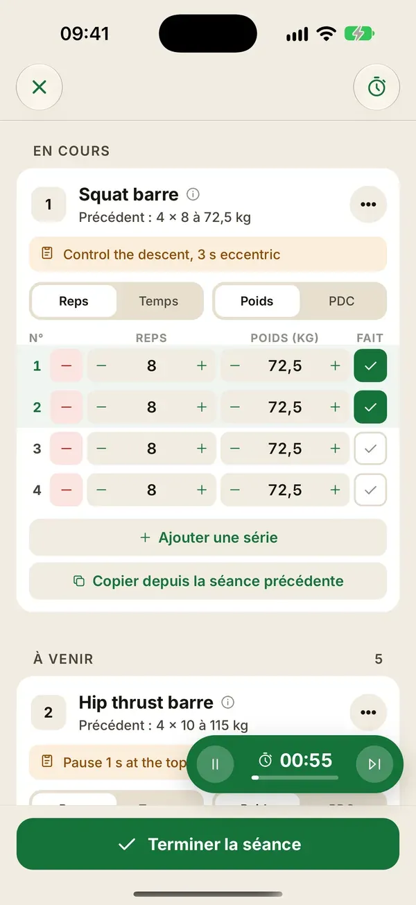 Séance en cours dans Coachigo : squat barre à 72,5 kg, timer de repos lancé