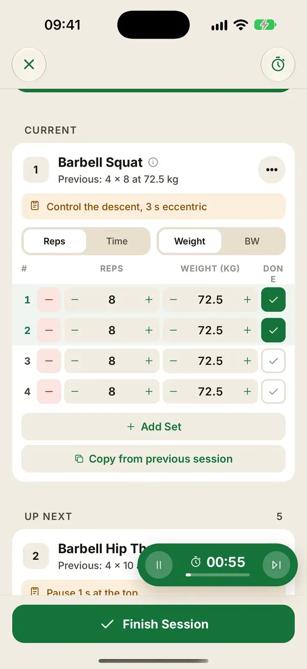 Workout in progress in Coachigo: barbell squat at 72.5 kg, rest timer running