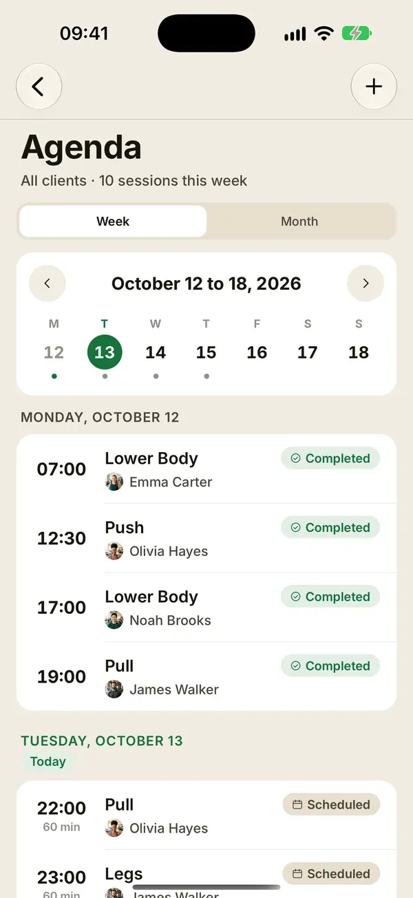 Weekly calendar with each client's planned and completed sessions