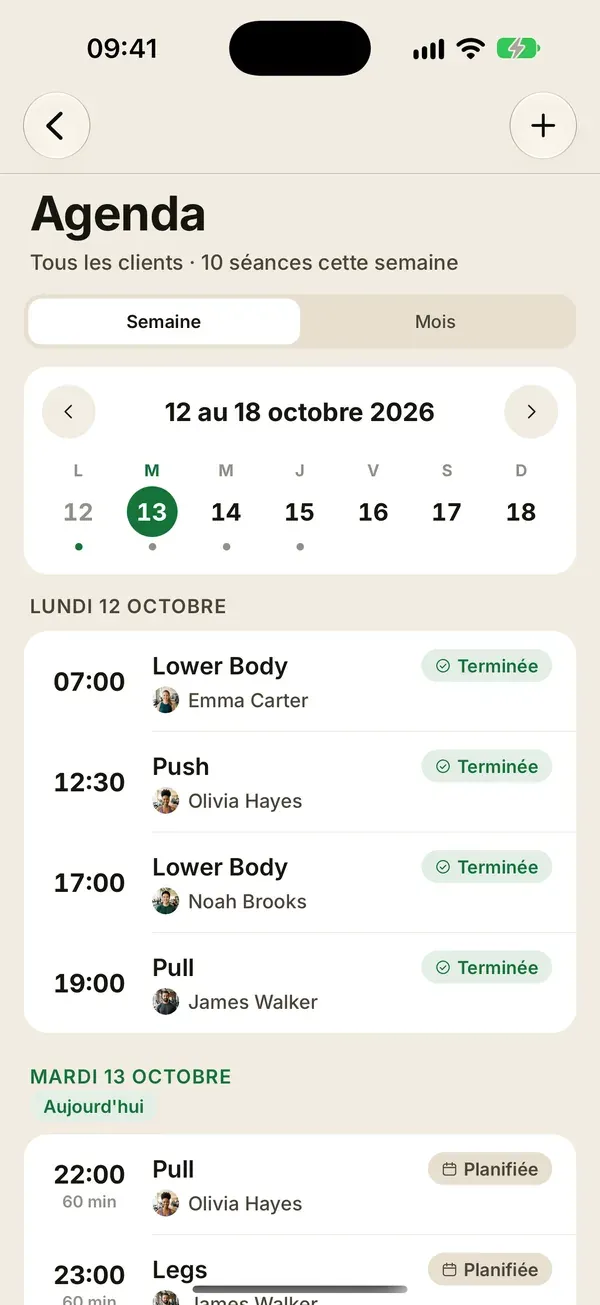 Agenda de la semaine avec les séances planifiées et terminées de chaque client