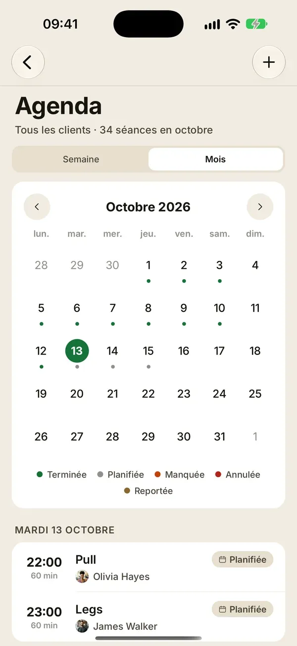 Agenda du mois avec les jours d'entraînement marqués