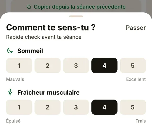 Check-in de forme avant la séance : sommeil, fraîcheur, motivation, stress