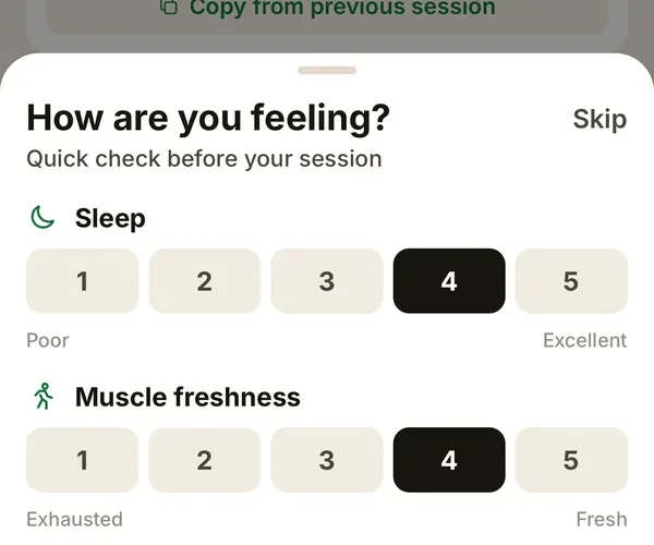 Pre-session readiness check-in: sleep, freshness, motivation, stress